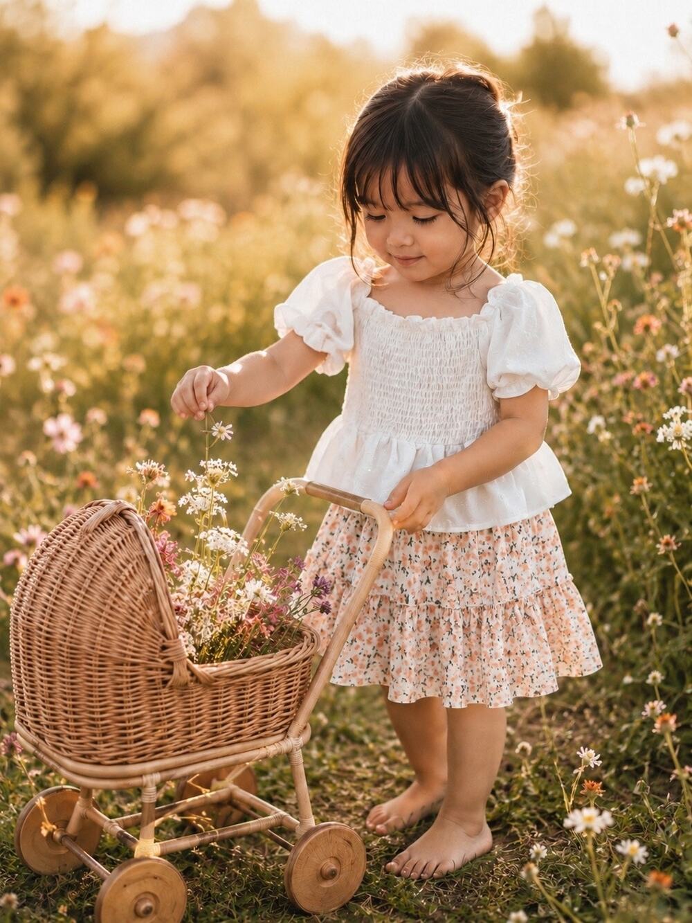 New Golden Floral Floaty Skirt + Puff Slv Smocked Top Set 3T/4T